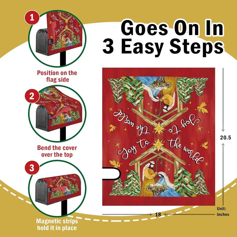 FBCOO Christmas Nativity Christian Mailbox Cover Magnetic Standard Size 20.5" x 18", Religious Xmas Jesus Joy to The World Decorative Post Letter Box Decor, Red Holiday Garden Yard Outdoor Decoration - Image 2